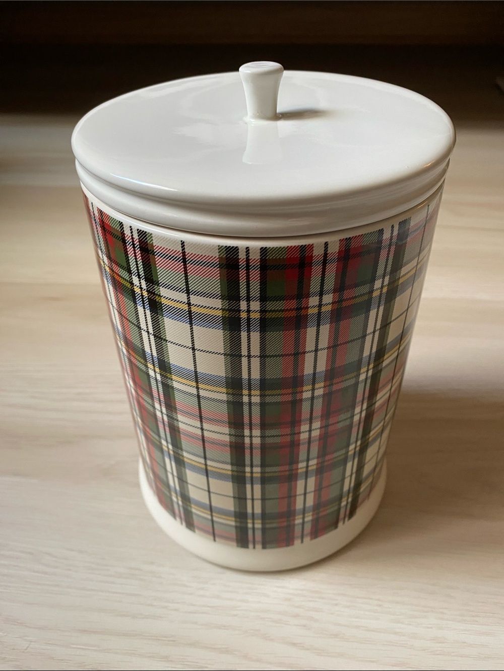 Pottery Barn Cream Plaid Decorative Ceramic Canister